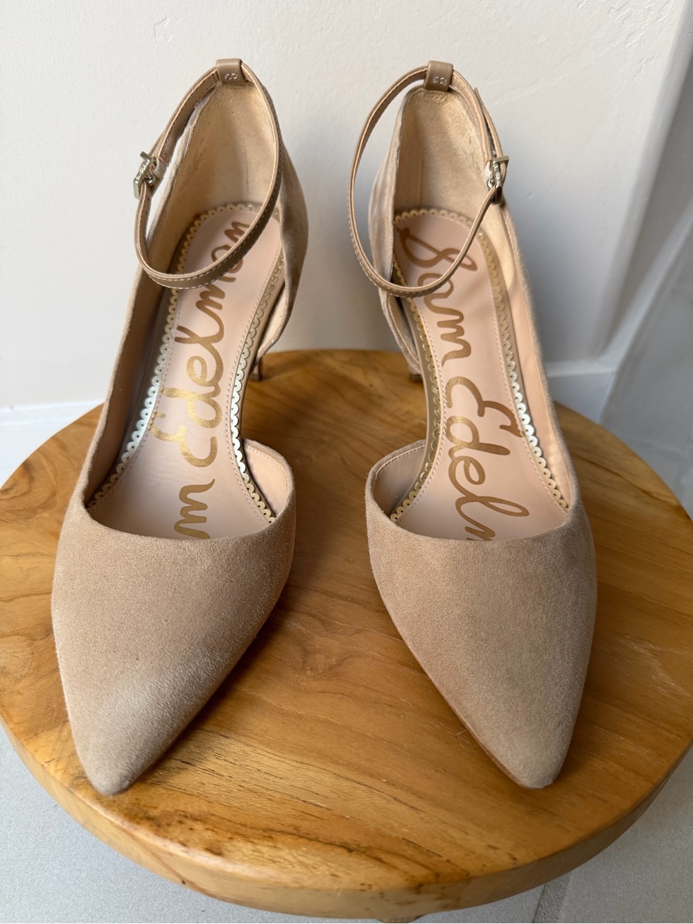 Sam Edelman Nude Suede Pointed Ankle-Strap Pumps